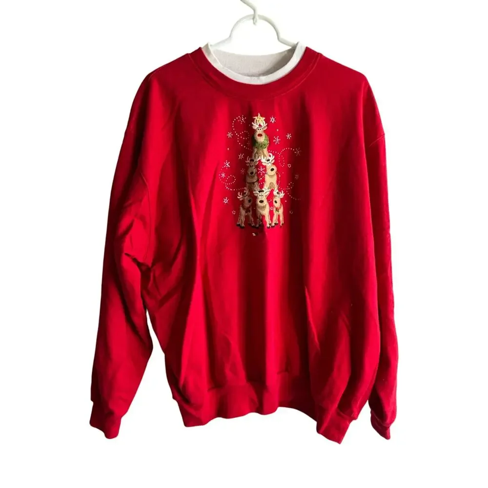 Ugly Christmas Sweater Party Sweatshirt Womens 2XL Red Reindeer Tree Decorated